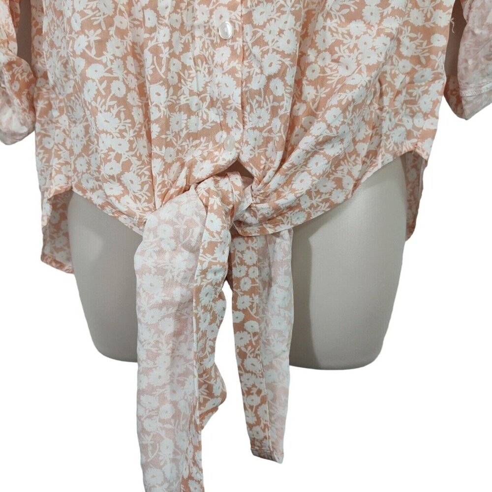 Lost Wander Button Up Tie Front Top Women Size S Pink White Floral 3/4 Sleeve - Picture 4 of 9